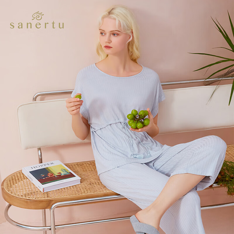 三耳兔睡衣女夏季短袖莫代尔条纹薄款可外穿大码半袖七分裤家居服