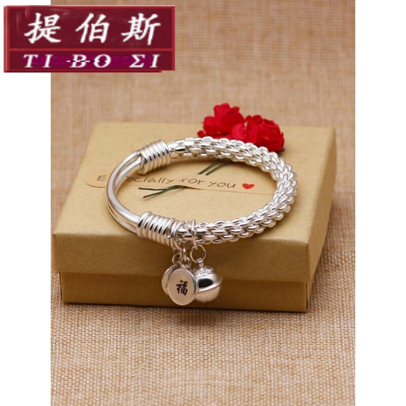 【提伯斯】桂花手镯99足银芙蓉花手工扭丝麻花推拉推圈足银手镯子刻字