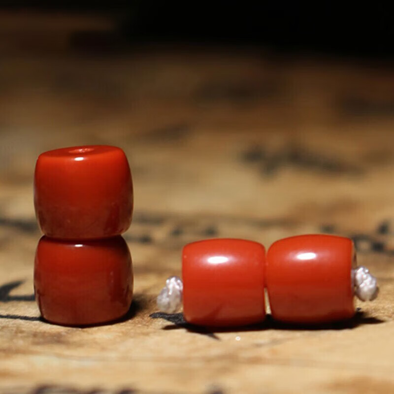 彩荷南红直切老型桶珠散珠天然瓦西原矿文玩手串百香籽配饰 一对【19】直径7.9厚7.2mm