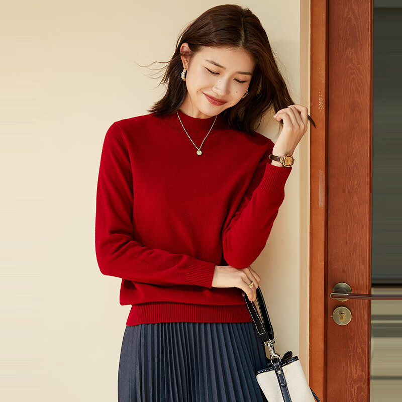 恒源祥纯羊毛衫半高领针织衫上衣女秋冬新款纯色套头保暖内搭打底衫毛衣 枣红 M /165/88A