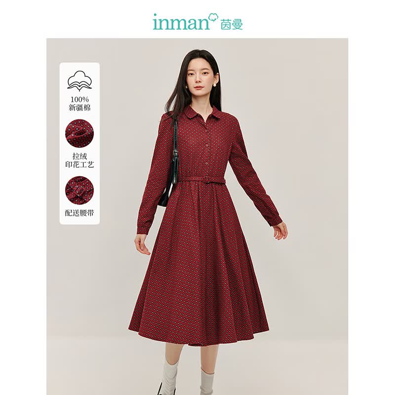 茵曼（INMAN）【商场同款】法式复古碎花连衣裙2025春秋季女装新品长袖长裙子 暗红色 L