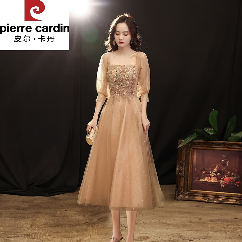 皮尔卡丹订婚晚礼服裙女宴会气质名媛主持人艺考声乐敬酒服新娘中长款 深香槟色中长款 XL使用感如何?