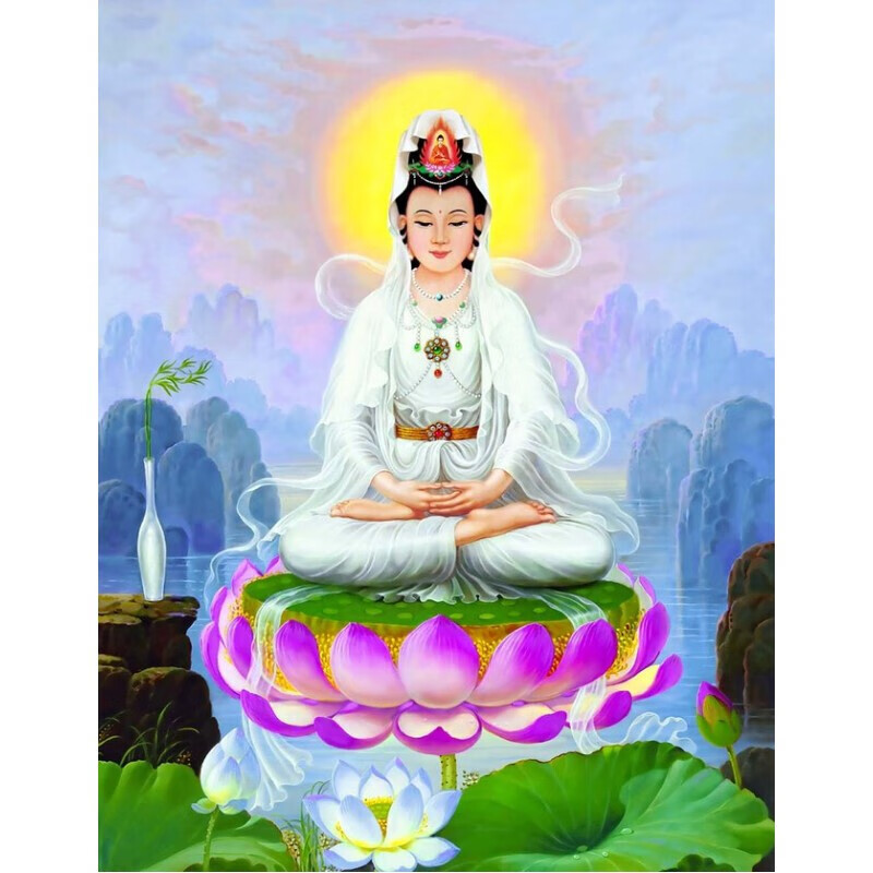 图像坐莲观音菩萨画像挂画观世音大士佛像供奉家用画图片塑封 5寸(9x