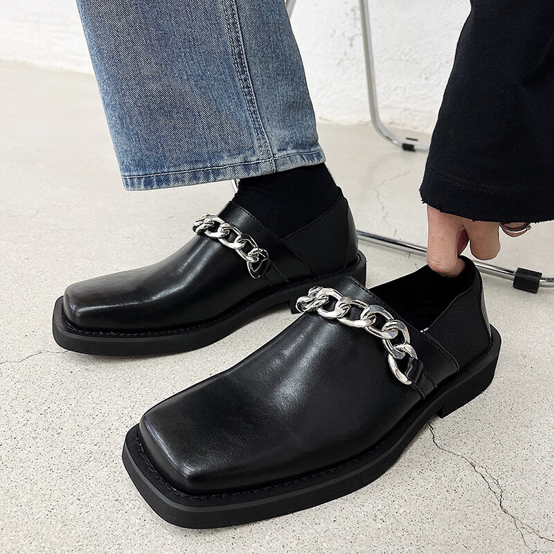 麦迪传奇复古方头小皮鞋男英伦休闲踩脚乐福鞋重金属设计哑光小众懒人