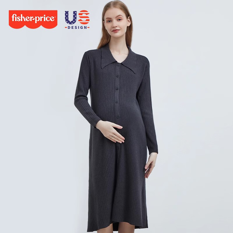 費(fèi)雪（Fisher-Price）費(fèi)雪孕婦連衣裙2024春秋新款孕婦裝毛衣外套打底裙套裝時(shí)尚秋冬裝 深灰色連衣裙 均碼