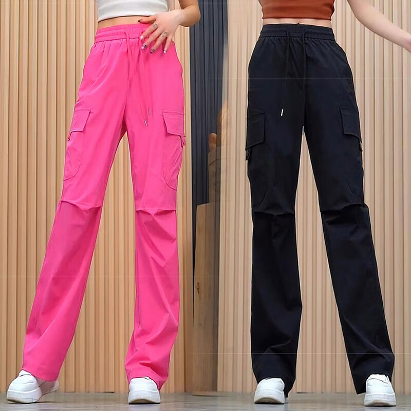 町苧窄版阔腿裤女2025夏季新款高腰工装裤宽松速干裤显瘦运动休闲裤子 黑色 L 28 建议105-115斤