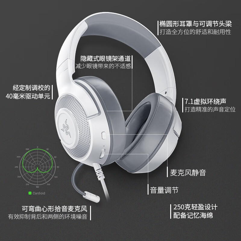 雷蛇（Razer）耳机北海巨妖X标准版电竞7.1头戴式 带麦电竞麦克风绝地求生吃鸡笔记本电脑 标准X水银+蝰蛇6400白