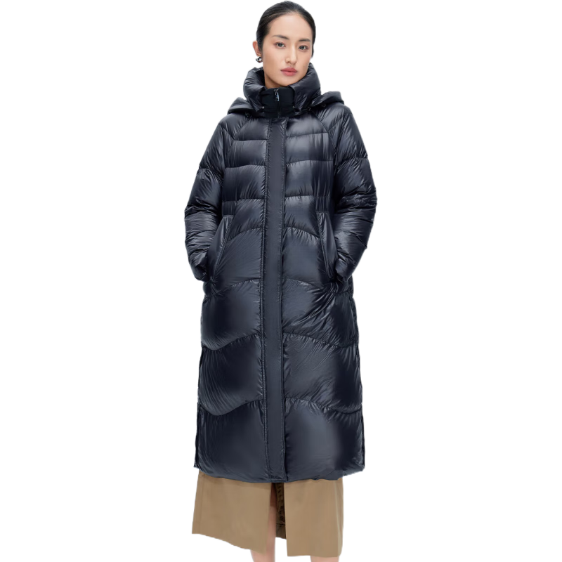 艾萊依（ERAL）商場同款女士羽絨服插肩A型長款羽絨服設計感兩用領(lǐng)鴨絨羽絨服 炭黑 S 155【建議80-110斤】