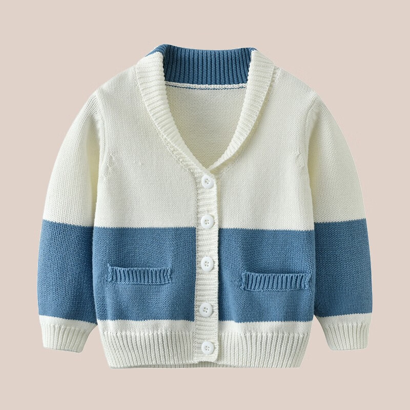auro mesa春秋新款韩版儿童开衫男童蓝白撞色毛衣全棉线针织外套 浅