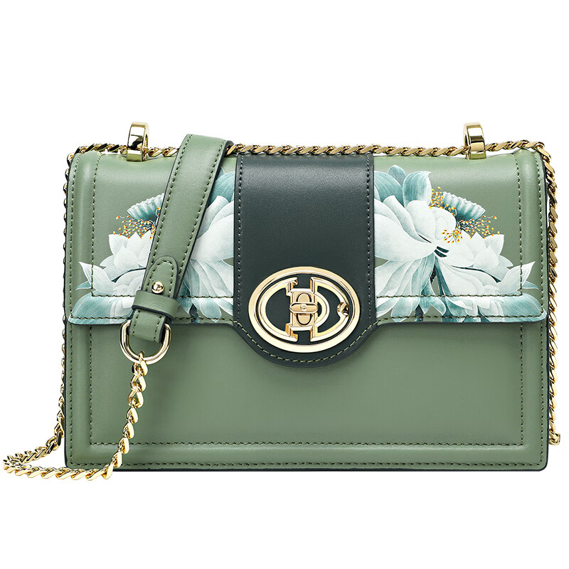 古伊西女包新款中国风优雅绣花小方包牛皮链条包母亲节生日礼物实用大气 青瓷+送礼品袋+代写贺卡