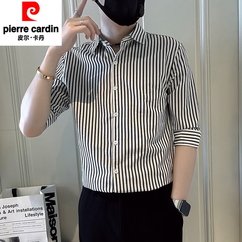 皮尔卡丹（pierre cardin）条纹七分袖衬衫男高级感痞帅潮牌衬衫休闲夏季冰丝7分袖衬衣 黑色 XL 【建议135斤以内】