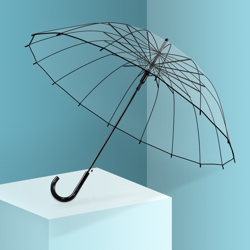 美杜透明雨伞16骨长柄大号双人加固加厚抗风半自动雨伞 透明雨伞16骨
