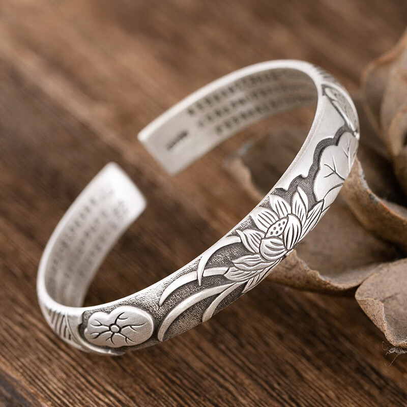 s999足银莲花心经手镯个性复古简约手环女款开口可调节送妈妈母亲节