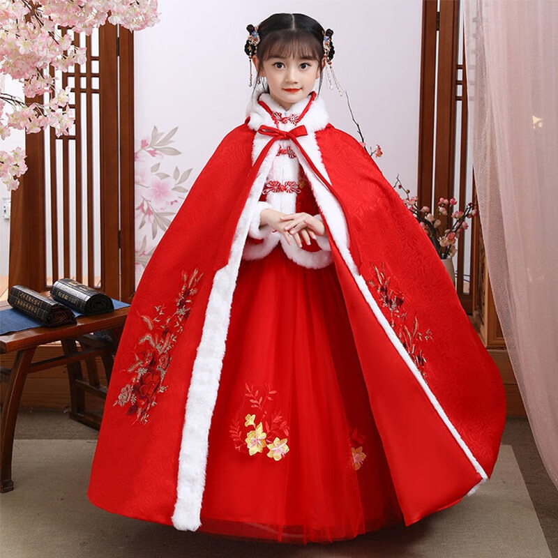 中国风礼服旗袍加绒中大儿童新年斗篷公主裙长袖古装唐装演出服礼服