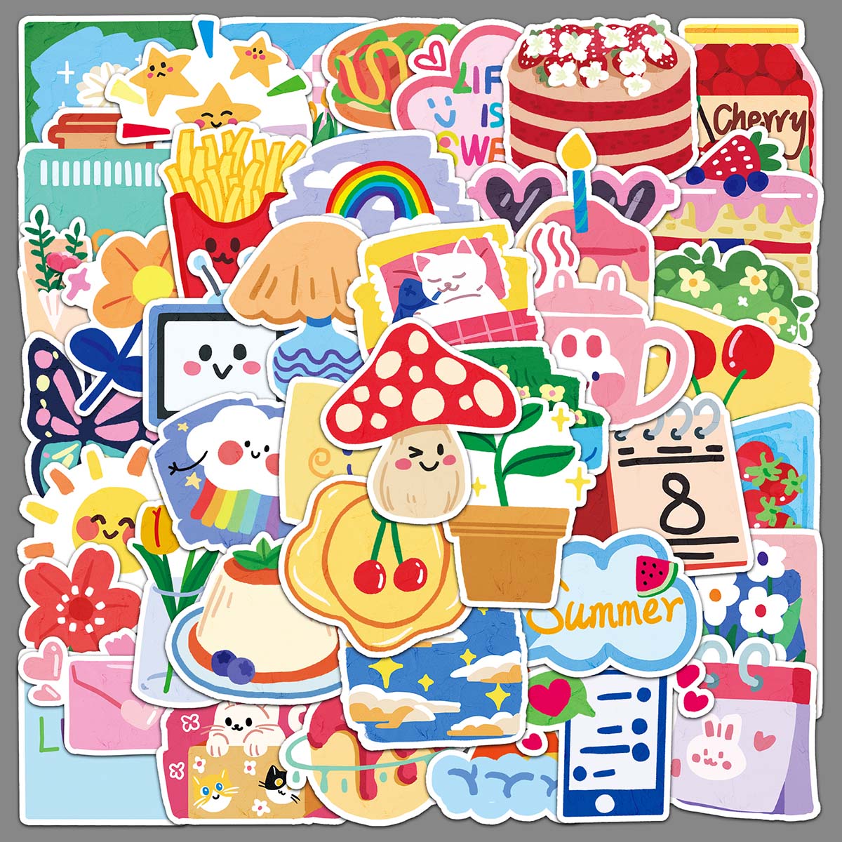 50张原创ins奶油风韩系卡通贴纸 小麻薯手账拼贴素材飞机盒小铁盒冰箱
