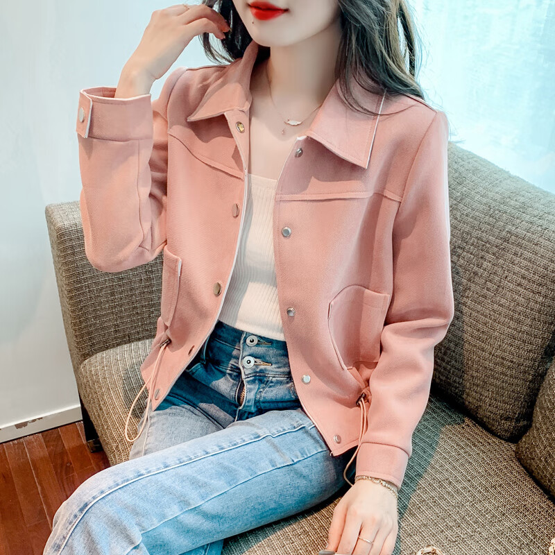 牛仔裤的上衣女秋装小个子短款风衣外套春秋新款韩版百搭气质显 粉色