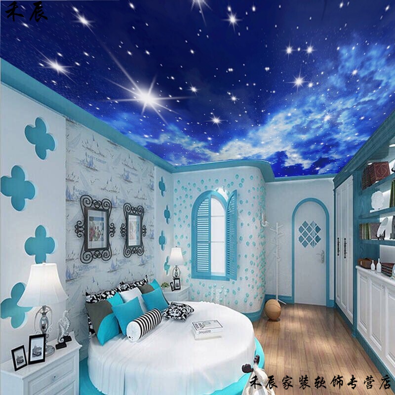 壁画贴纸 梦幻星空装饰吊顶卧室屋顶儿童房间3d蓝天星星天花板壁画ktv