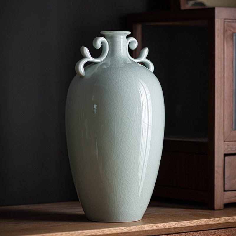 迁山 廷怀窑汝窑花瓶原矿陶瓷复古中式家居客厅花插禅意摆件古典瓷瓶