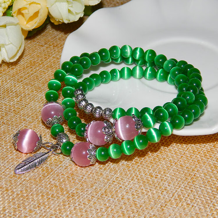 冰菲绿色猫眼石珠子手链女串珠多层水晶学生闺蜜手串藏银手饰生日礼物