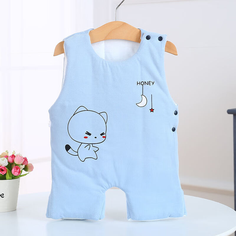 Kairuishi嬰兒純棉肚兜加棉護(hù)肚臍圍子新生兒寶寶睡覺(jué)帶腿秋冬季厚款防踢被 藍(lán)色-貓咪 110碼建議24-28斤