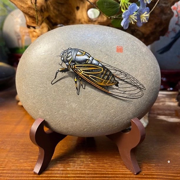 石头画纯手绘天然石头画蝉纯手工工艺品摆件精美桌面摆件防水雕刻 带