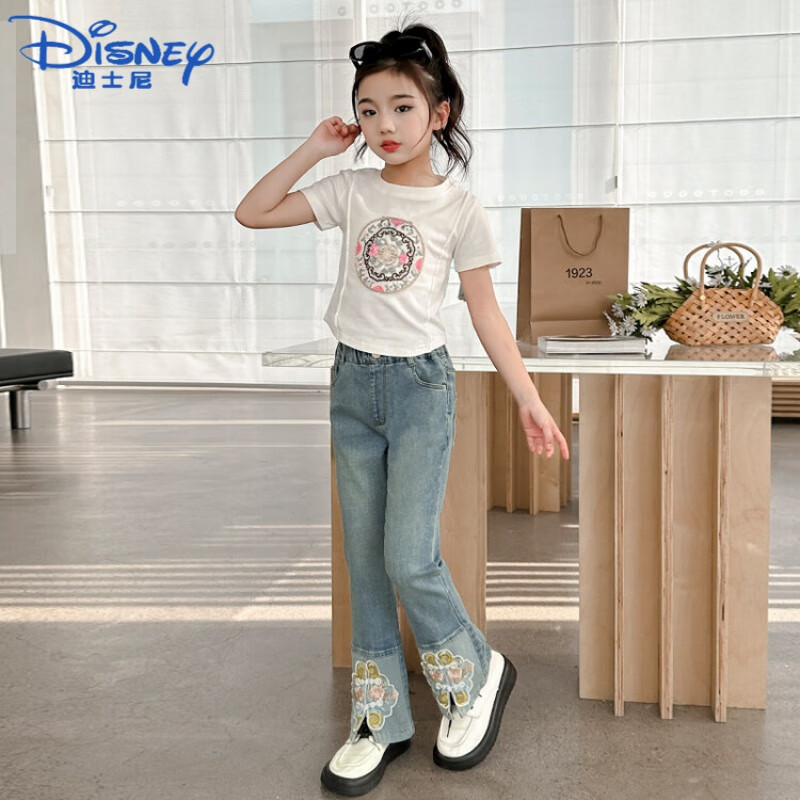 迪士尼（Disney）女童夏季休闲中式国风衣服2024新款洋气儿童短袖牛仔喇叭 套装 120cm