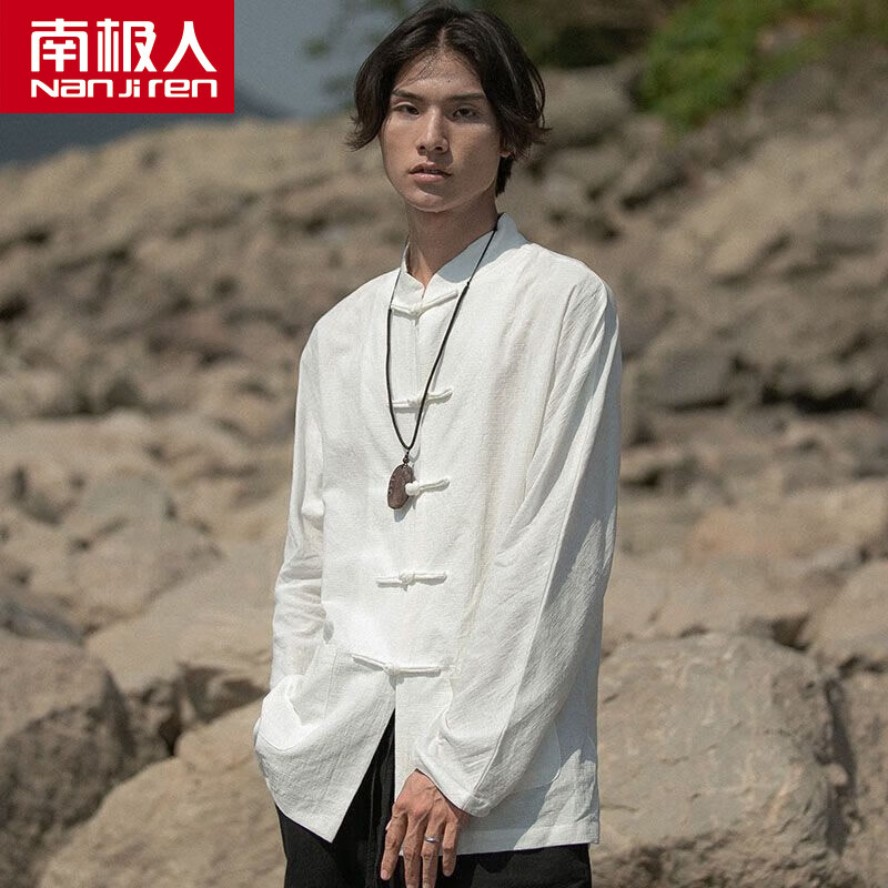 南极人唐装男潮牌复古青年中国风棉麻衬衫长袖棉麻中华立领中山衬衣服民 白色 4XL怎么看?