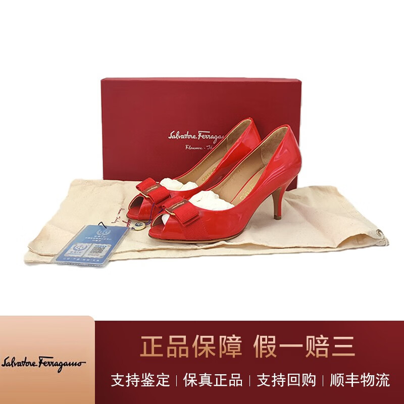 【二手95新】菲拉格慕/Ferragamo 女士红色漆皮蝴蝶结7cm高跟鞋 35.5码