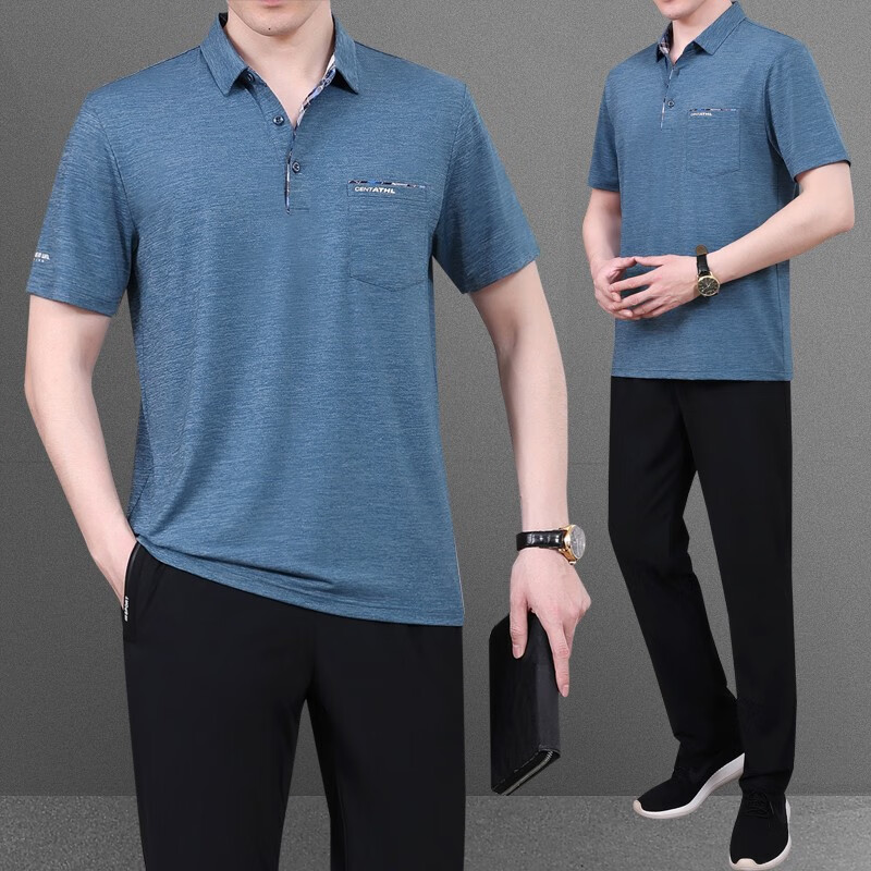 冰丝运动套装男夏季薄2023新款短袖爸爸夏装休闲服父亲节 731款群青色