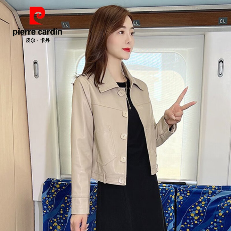 皮尔卡丹（pierre cardin）港风纯色皮衣套装女2023秋季新款复古百搭翻领PU皮外套短裙两件套 米色套装(皮衣+皮裙) L码95-105斤怎么看?