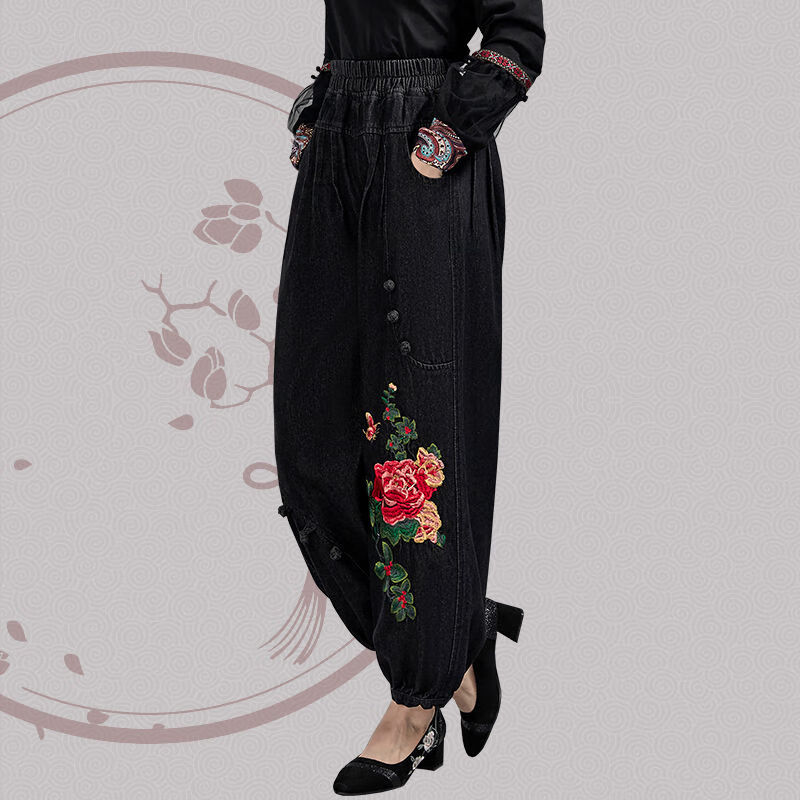 裤春款新款高腰绣花长女宽松腰牛仔萝卜时尚 【3066春秋款】灯笼长裤