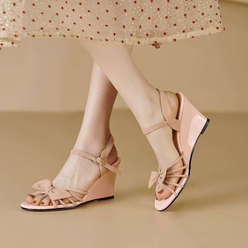 爱希仕超高跟坡跟凉鞋女夏新款鞋女时尚气质透明蝴蝶节一字扣带时装鞋