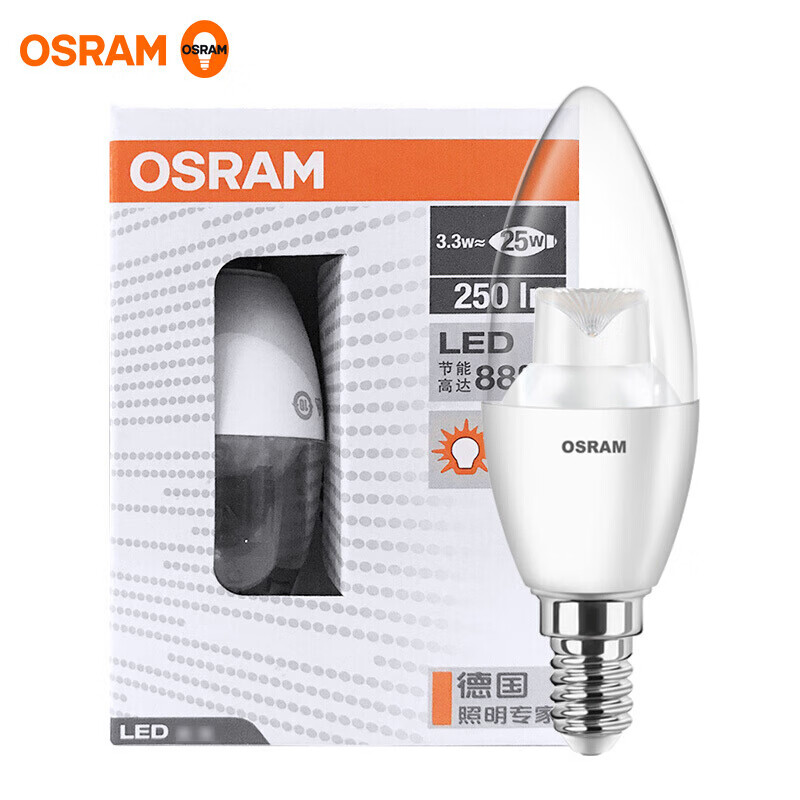 欧司朗（OSRAM）LED灯泡 E14/E27螺口水晶灯泡吊灯灯泡壁灯球泡蜡烛泡磨砂小球泡 3.3W/E14透明烛泡-2700K黄光【两只装】