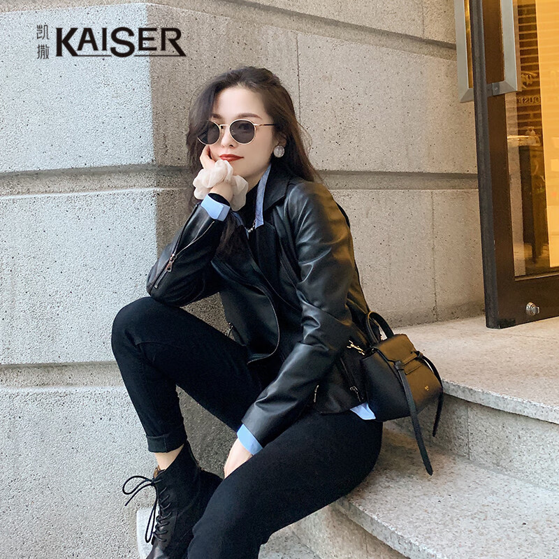 凯撒（KAISER）真皮皮衣女士绵羊皮机车款单皮外套短款修身皮夹克韩版时尚潮流女装秋冬薄款上衣 黑色 L