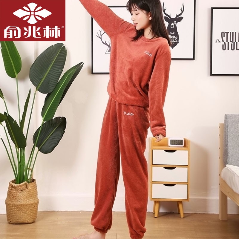 俞兆林珊瑚绒睡衣女秋冬外穿加绒加厚仙女暖暖套装家居服保暖内衣 德芙可可色/2件套上衣+裤子 95-140斤