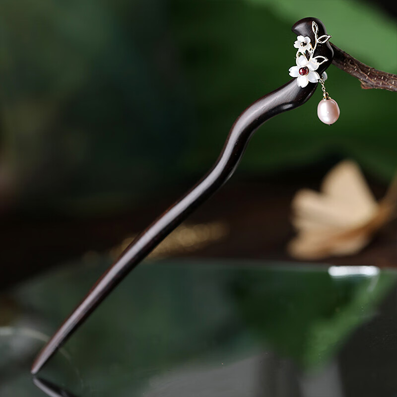 万宝资黑檀木发簪女珍珠吊坠发饰传统中国风古风木簪子 夕岚【发簪】