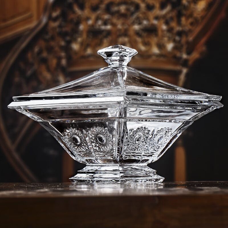 高斯(glass)捷克进口水晶玻璃雕刻果盆带盖果斗糖果盘水果盘乔迁礼物