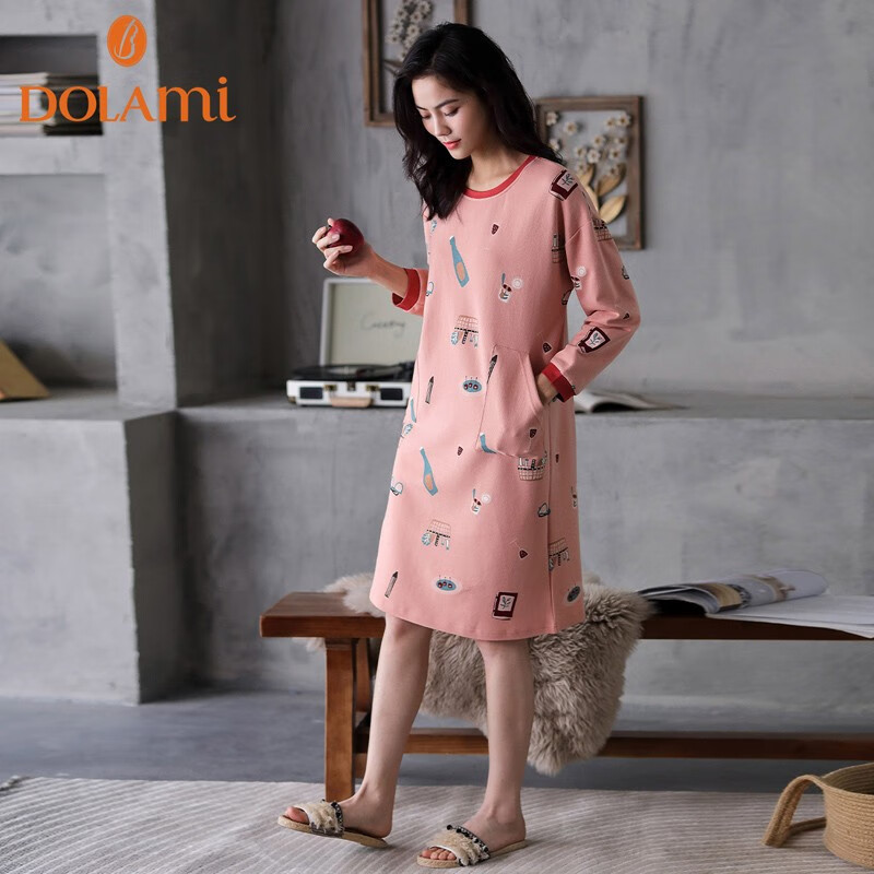 多拉美睡裙女春秋长袖纯棉长款宽松可外穿女士家居服本命年红色睡衣睡裙 款式1橘粉 M