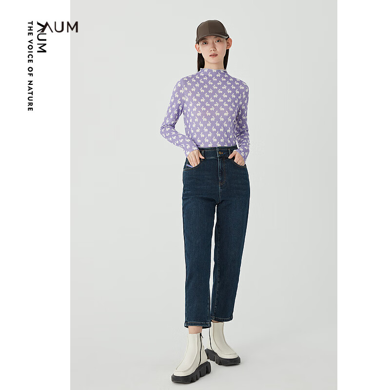 【像素兔系列】aum噢姆春新款修身半高领修身套头羊毛打底衫女 紫色