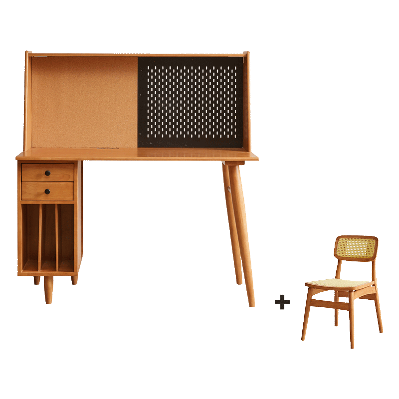 爱必居实木书桌书房书法桌轻奢电脑桌架一体简易比翼单人双人办公桌 单人1.2米桌+洞洞板+藤编书椅