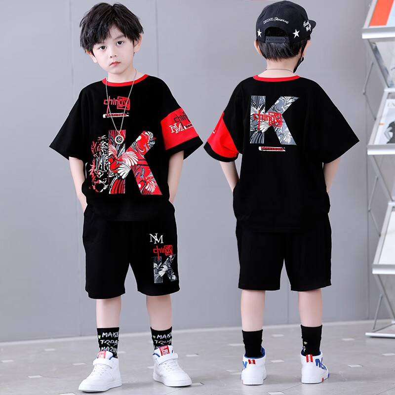 宇龙童话(elongstory)童装短袖男童套装帅气中国风男孩夏天国潮运动儿童街舞衣服裤子 白色夏装套装(衣服裤子) 160 码建议身高1.45-1.5米左右