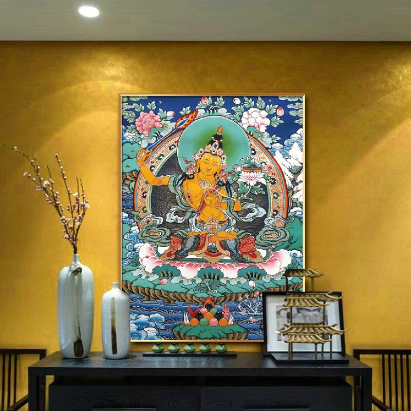 绝伦帝 文殊菩萨唐卡挂画客厅玄关藏族家用佛像装饰画佛堂中堂寺庙壁画 文殊菩萨-j 40*55cm 铝合金框+ 棉麻油画布