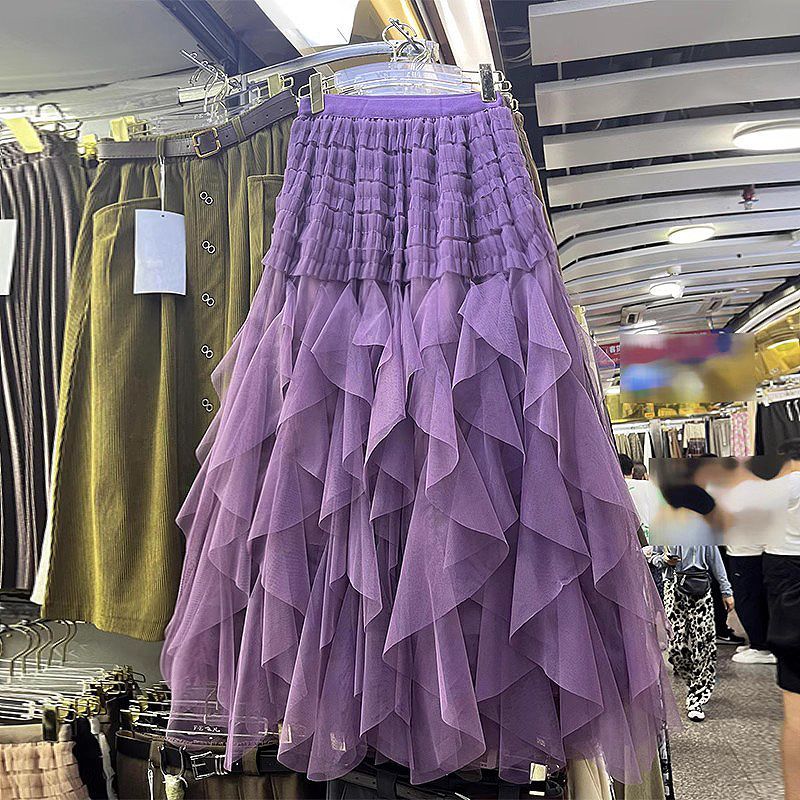 穿的遮肉半身裙纱裙中长款2023年秋季新款时尚大码网纱裙不规 紫色