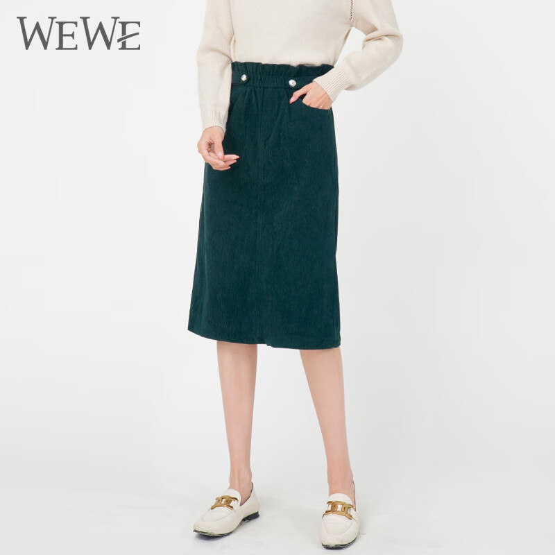 WEWE唯唯冬季新款女装时尚复古风灯芯绒气质半身裙简约通勤中裙 墨绿 S