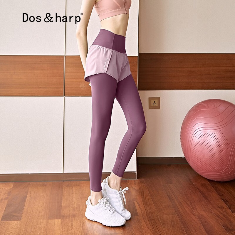 Dosharp品牌2021新款假两件健身裤女紧身弹力跑步运动长裤高腰撞色瑜伽裙裤夏薄款 粉红色 M