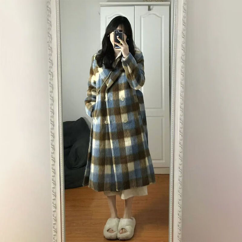 魅朵茜小个子 大衣 一米五格纹毛呢2024冬季新款韩版收腰气质小众中长