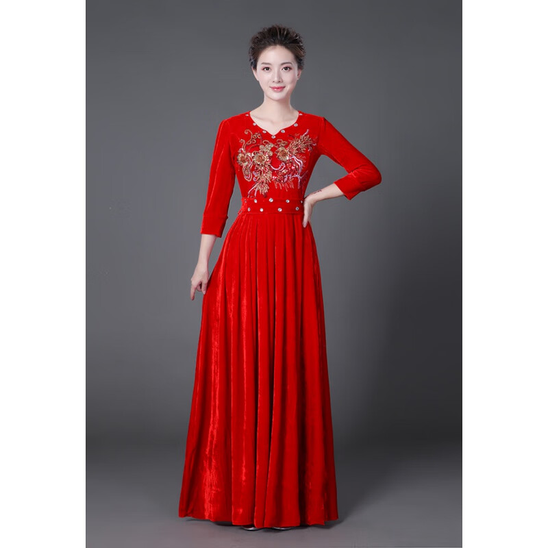 独唱演出服女大合唱演出服女长裙晚礼服成人连衣裙诗歌诵中老年合唱服