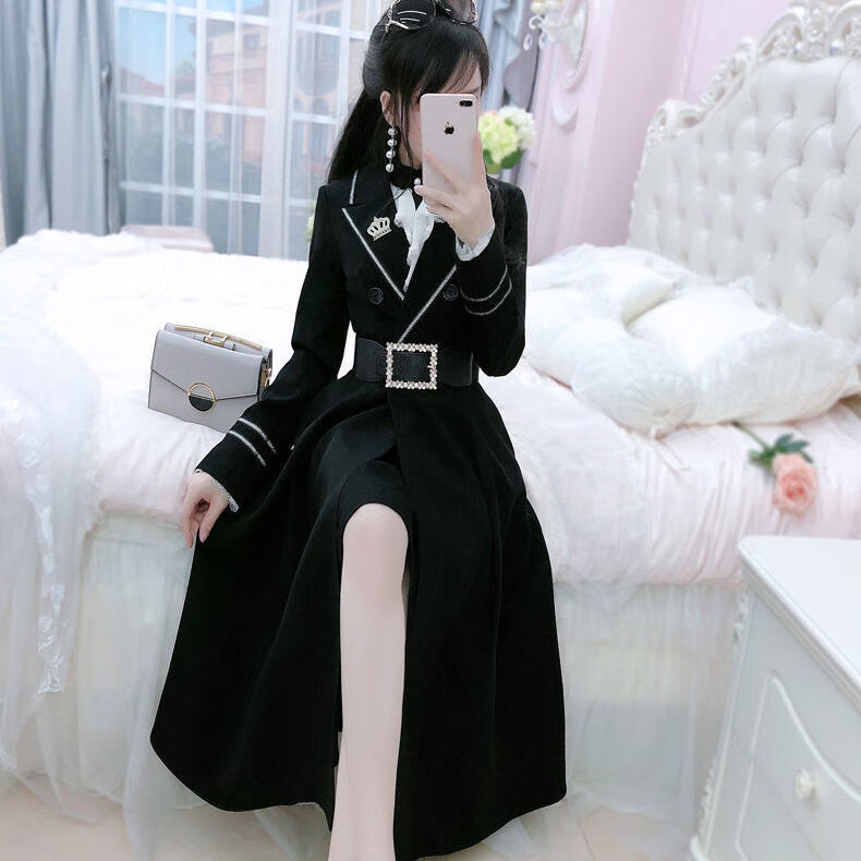 c新款英伦风学生小个子中长1款风衣黑色英伦中长1款女风衣修身过膝