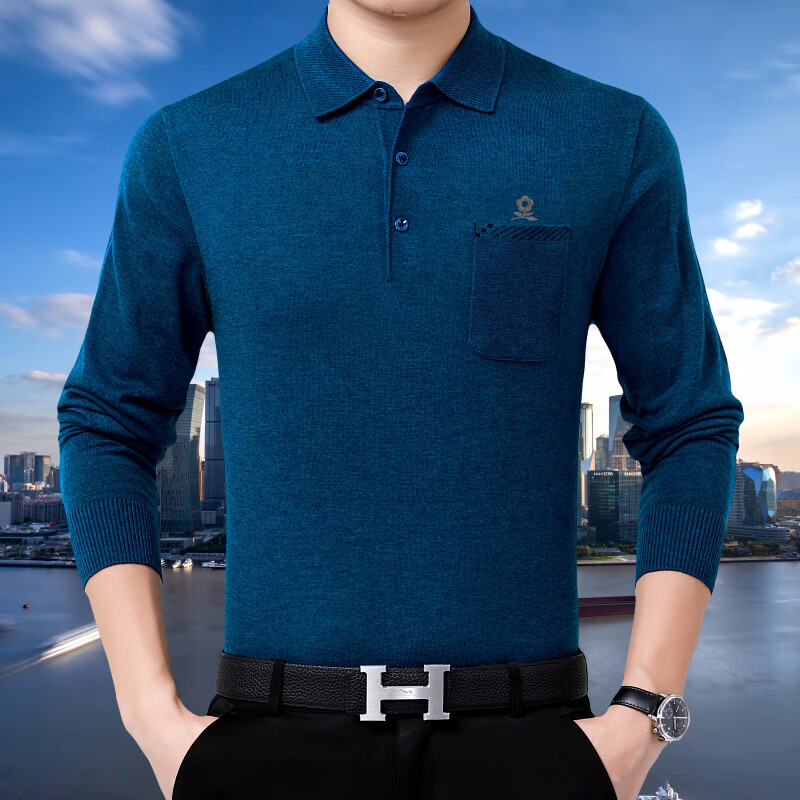 梦特娇(montagut)长袖t恤男士翻领商务休闲厚绣花免烫打 8861兰色 165