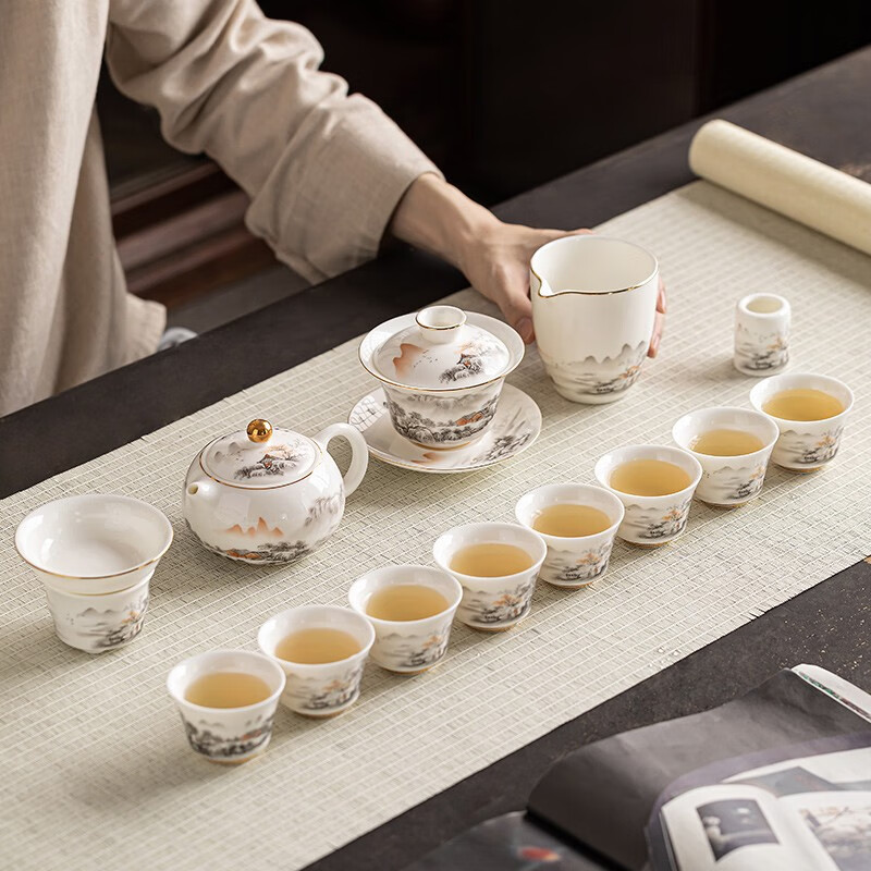 金镶玉 羊脂玉瓷功夫茶具套装 家用陶瓷白瓷茶壶茶杯泡茶套组礼盒装 西施壶水墨江山羊脂玉瓷套装